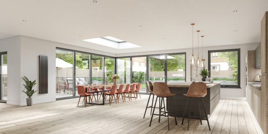 interior shot spacious open plan kitchen diner with large grey bifold doors