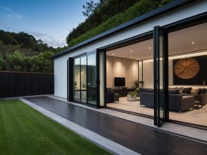 A modern home featuring large bifold doors with black frames and glass panels, connecting the indoor living area to a lush outdoor space.