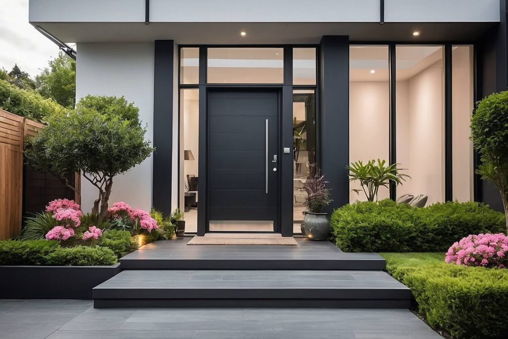 A modern house entrance with a dark grey composite door featuring a tall, narrow glass panel, surrounded by large windows and a landscaped garden with potted plants and pink flowers. The entrance is elevated with grey tiled steps leading to the front door.