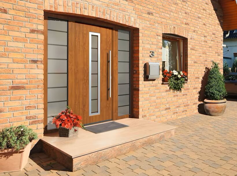 A traditional brick house entrance with a wood-finish composite door featuring vertical frosted glass panels, surrounded by potted plants on a neatly paved patio. The door is set within an arched brick frame, and a small grey doormat lies on the step in front of the door.